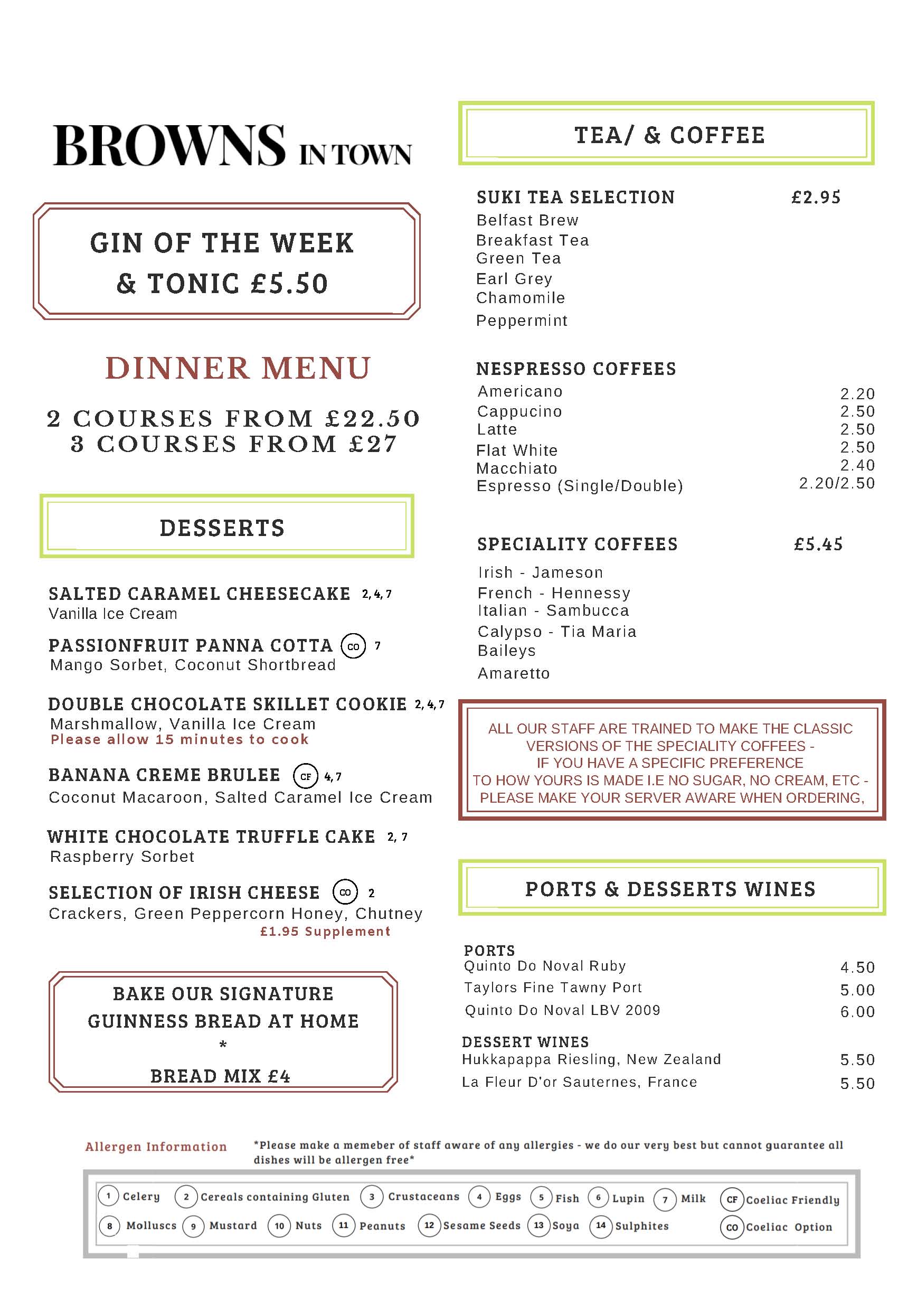 Browns in Town Dinner Menu Derry / Londonderry