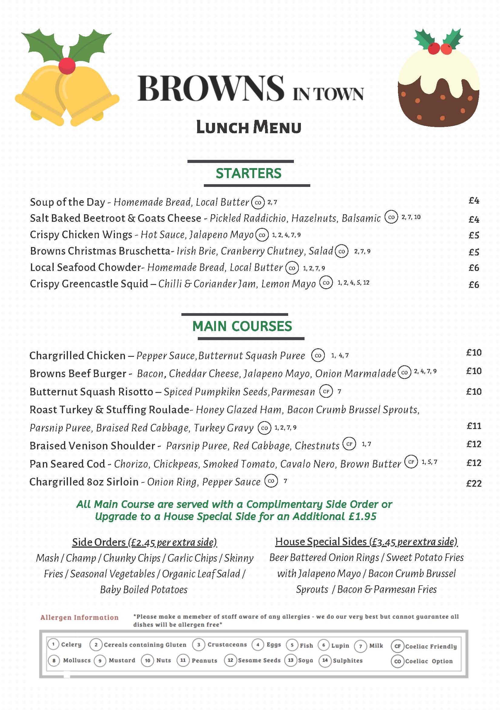 Menus at Browns in Town Derry | Londonderry